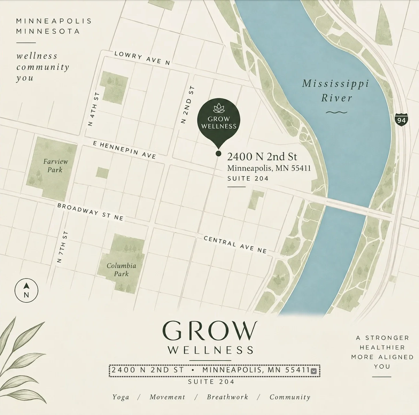 Illustrated map of the GROW Wellness studio location beside the Mississippi River in Minneapolis